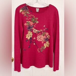 Chico's Pink Floral Beaded Long Sleeve Top